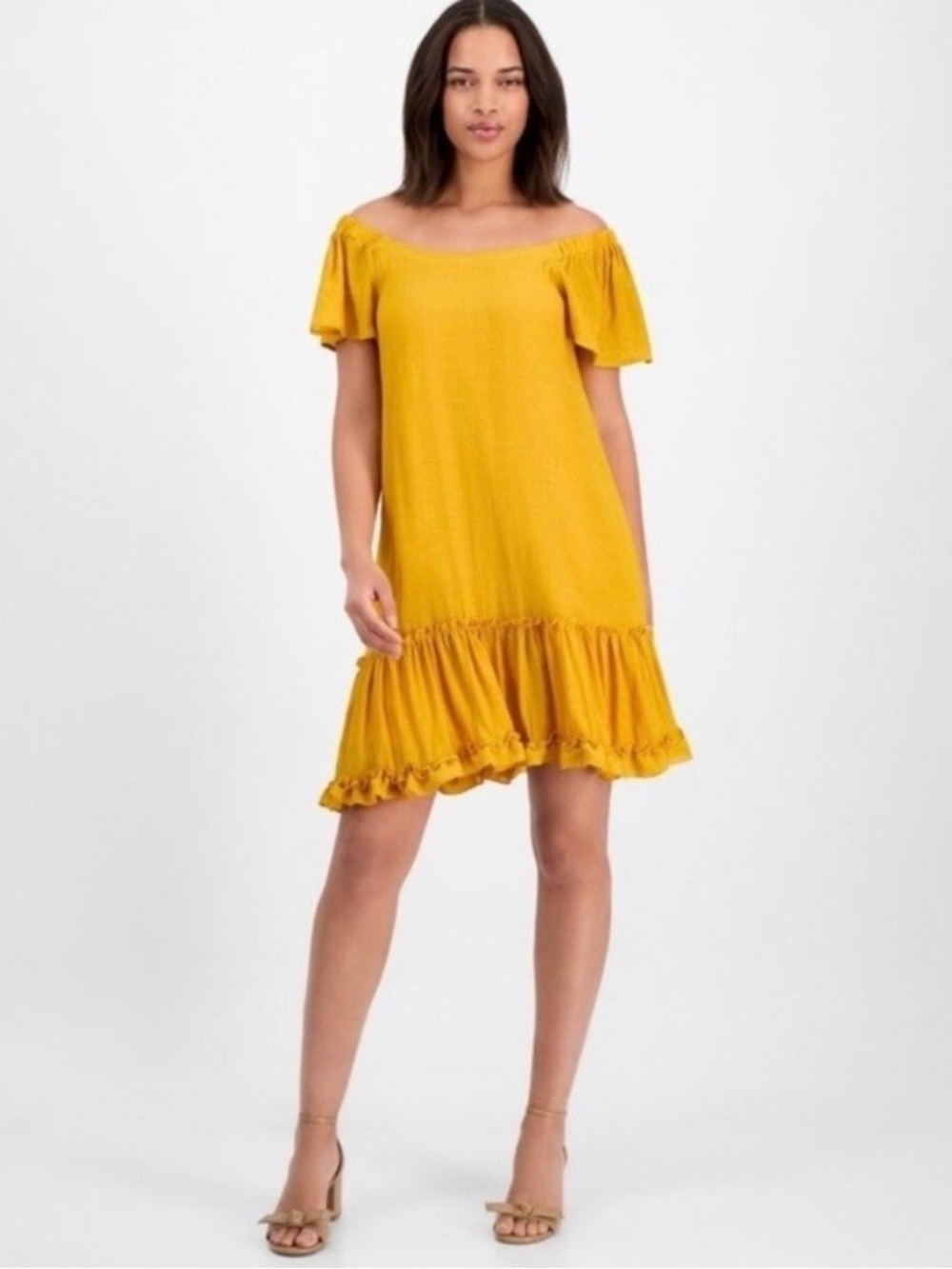 Robbie Bee | On-Off Shoulder Flutter Sleeve Mustard Yellow Mini Dress Size M